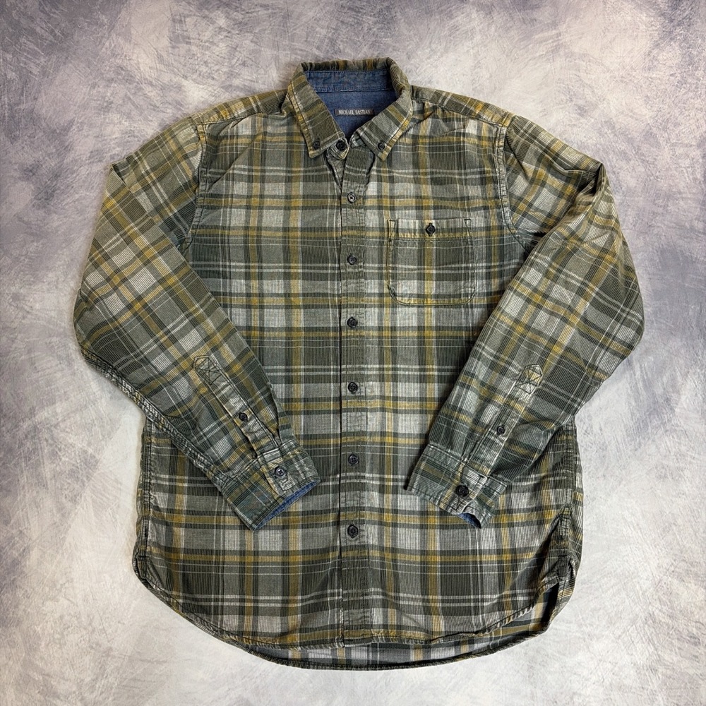 Michael Bastian Corduroy Plaid Shirt Mens M Green Grey Long Sleeve Button Down